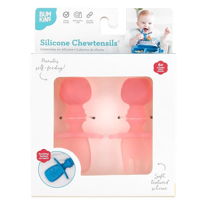 Bumkins Baby Utensils Set, Chewtensils Silicone Spoons for Dipping, Self-Feeding, Baby Led Weaning, Trainer Learning, First Stage Eating, Soft Practice Fork and Spoon, Babies 6 Months, Pink Jelly