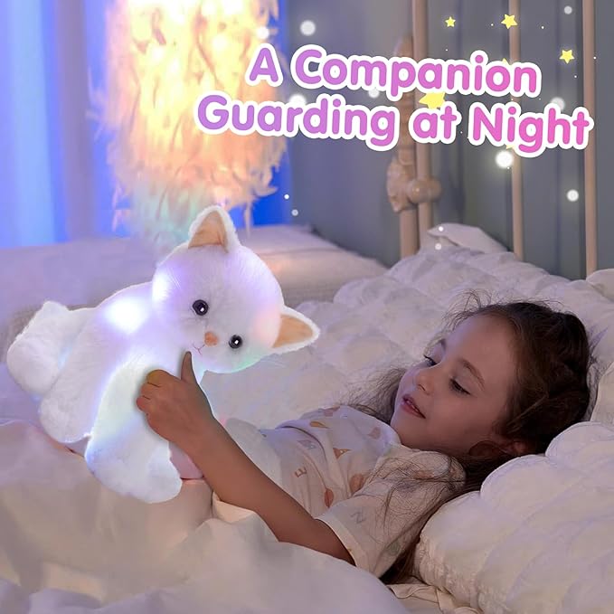 Houwsbaby Light up Cat Stuffed Animal LED Glowing Kitty Plush Toy Floppy Kitten Toy Night Lights Birthday Presents for Kids Toddler Girls, White 12''