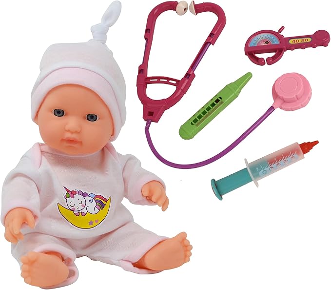 10" Baby Doll Doctor Set for Kids- Toy Nurse Kit for Toddler, Little Girl – Playset Pack with Checkup Accessories & Newborn Doll in Unicorn Hospital Clothes