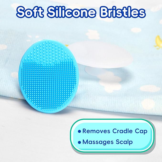 Cradle Cap Brush for Babies, Set of 5 Baby Bath Essentials with Bath Sponge Silicone Scrubber Long Handle Comb for Newborns Toddlers Boys Girls (Blue)