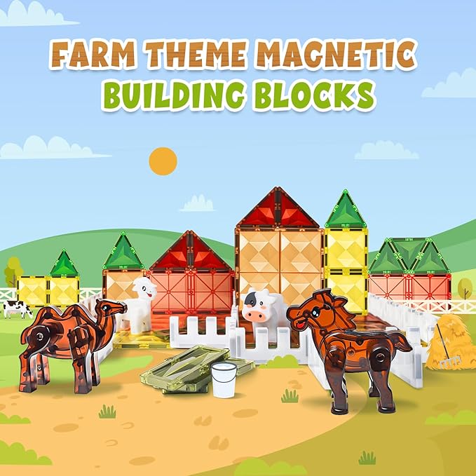 Magnetic Tiles Farm for Toddlers 1-3 Animals, Magnet Tile Set for Kids Ages 3-5 4-8 8-12 Boys Girls, Building Blocks Stem Stack Toys for Travel, Birthday Gift, Preschool