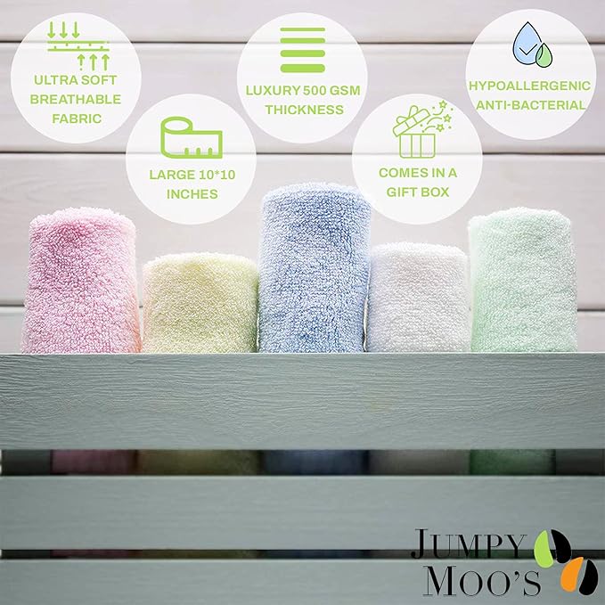 Jumpy Moo's Baby Washcloths - 100% Rayon from Bamboo, Ultra Thick 10x10 inches