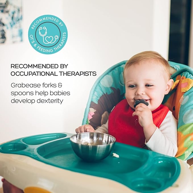 Grabease Toddler Spoon & Fork - First Stage Baby Spoons for Self Feeding from 4+ Months - BPA-Free & Phthalate-Free Baby Utensils & Silverware - 1 Set, Gray - Silverware Set - 1 Year Old Utensils