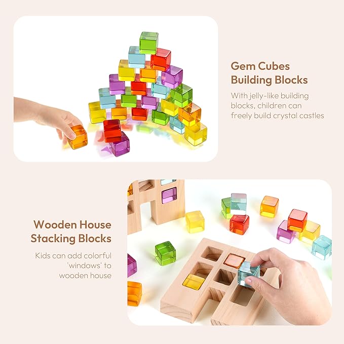 Wooden Building Blocks Set for Kids, 24 PCS Rainbow Gem Cubes Stacking Blocks - 2 Wood House 3-6