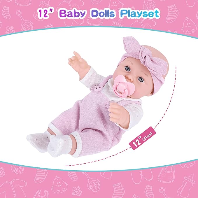 12 Inch Baby Doll Playset with Clothes and Dolls Carrier Accessories Included Baby Carrier, Bottles