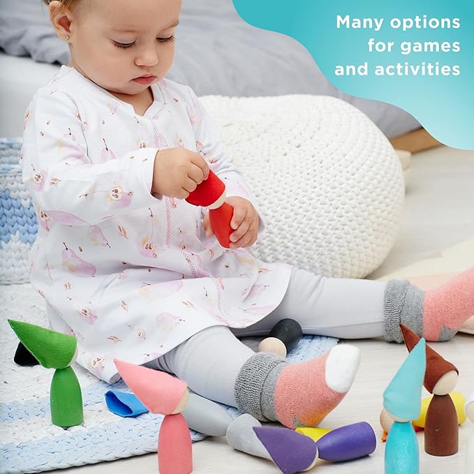 Ulanik Large Peg Dolls with Hats Toddler Montessori Toys for 3 Year Old + Kids Wooden Waldorf Dolls for Learning Color Sorting and Counting β 12 Gnomes, 3.35 in