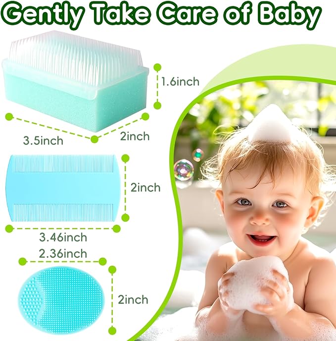 Cradle Cap Brush for Babies, Baby Bath Essentials with Silicone Scrubber Bath Sponge Dual-Sided Comb for Newborns Toddlers Boys Girls (Green, Set of 5)