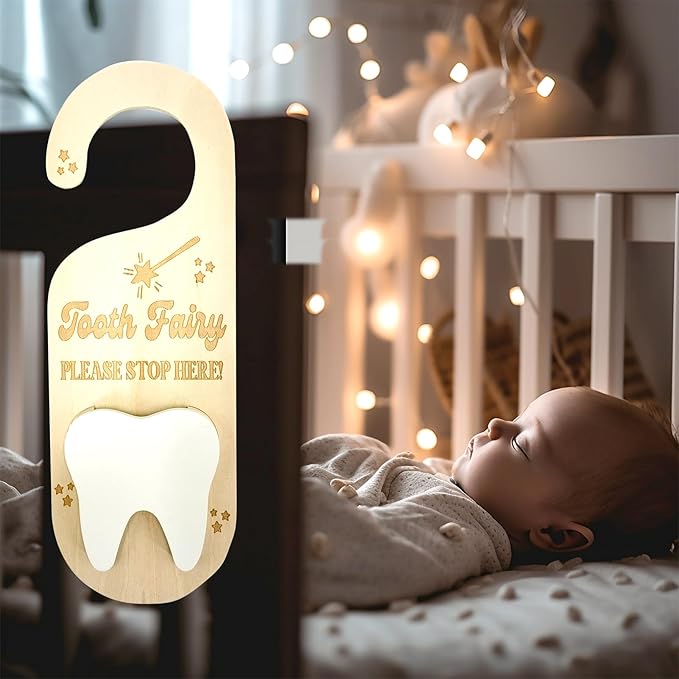 PAMBO Tooth Fairy Tooth Holder, Wooden Tooth Keepsake Door Hanger 3D |