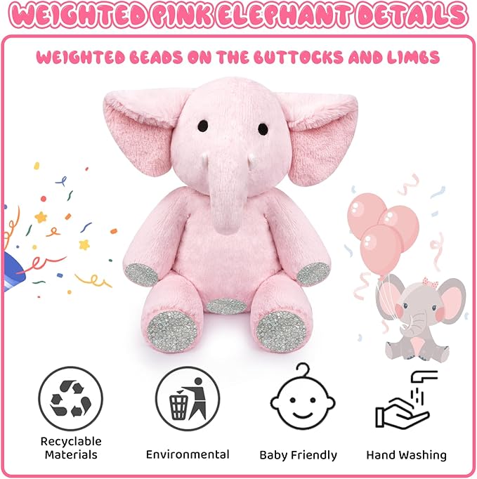 1.3lbs Weighted Elephant Stuffed Animal, 17inch Pink Elephant Weighted Stuffed Animal Soft Pink Stuffed Elephant Plush Hug Pillow for Kids