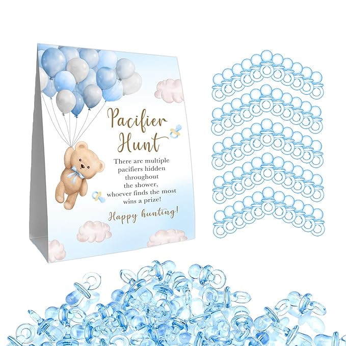 51Pcs Winnie Baby Shower Games, Include Baby Pacifier Hunt Sign and 50 Blue Mini Pacifiers