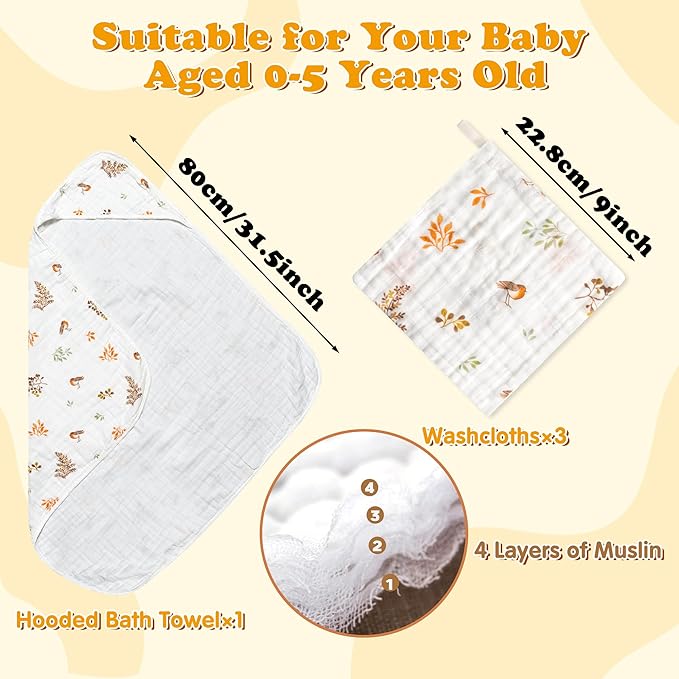 Zainpe 4Pcs Muslin Baby Hooded Towel & Washcloth Set Leaves 31.5 x 31.5 in