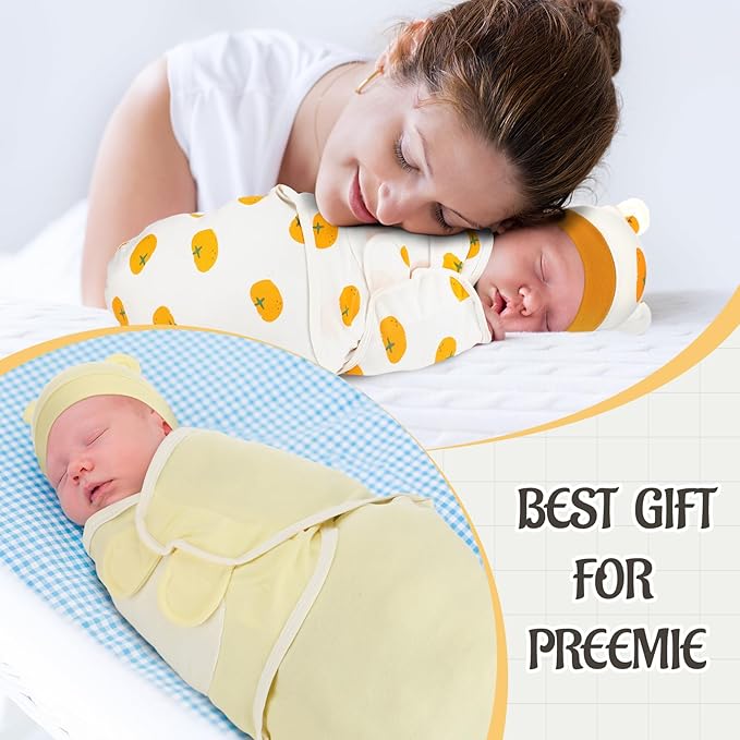 Buryeah 4 Pack Preemie Swaddle Blanket Wrap Set with Hat for Baby Boys Girls 3-7 Lbs Preemie Newborn Clothes Sleepers Cap