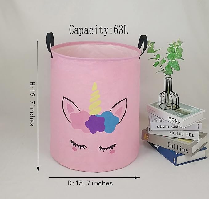 Round Pink Color Unicorn Pattern Laundry Hamper Storage Basket Organizer