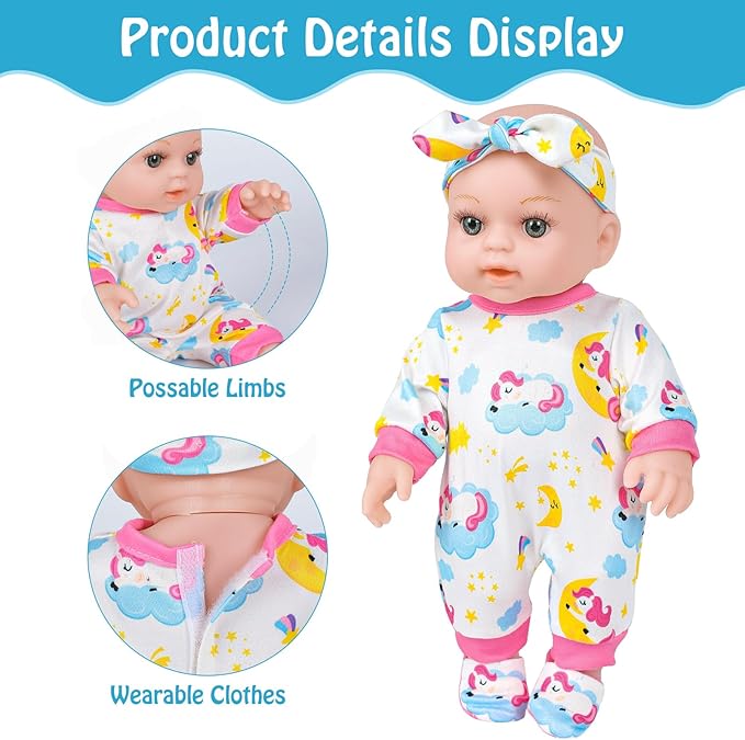 12 Inch Baby Doll With Soft Crib Bassinet Bed,Sleep Time 3+ Kids
