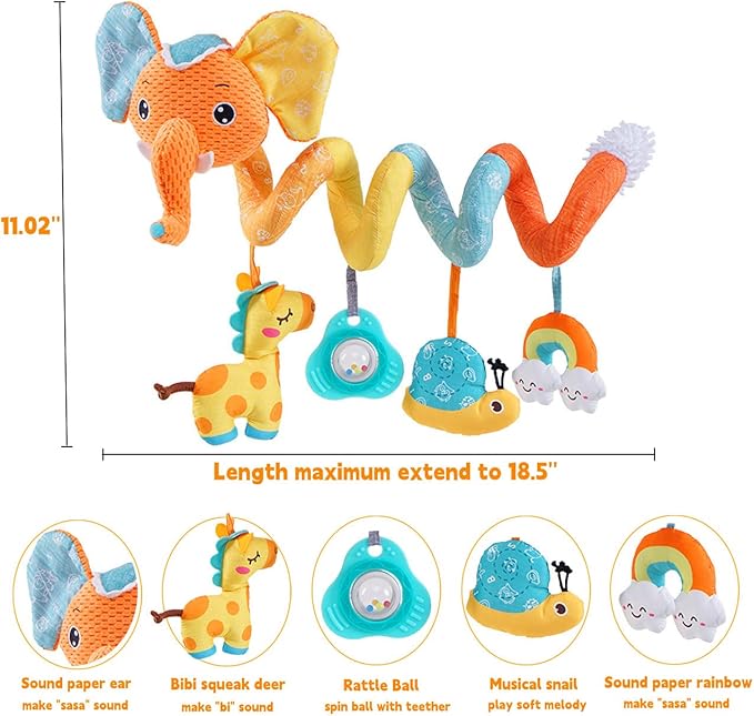 Car seat Hanging Toys, Baby Spiral Activity Plush Stroller Toys Baby Rattle Sensory Toys for Crib Mobile Bassinet with Music Box BB Squeaker Rattles, Infant Toys for 0 6 12 Months Gifts