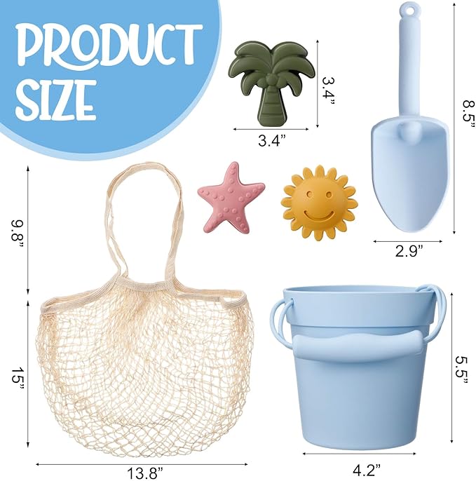 Hungdao 14 Pcs Silicone Beach Toys Travel Beach Set Sand Toys Include 2 Silicone Bucket Pail, 2 Shovel 9 Sand 1 Beach
