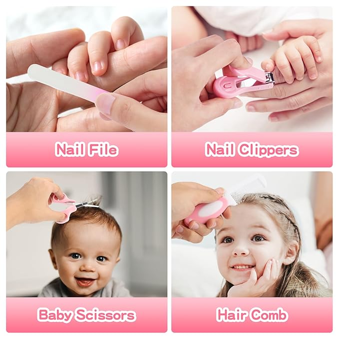 Baby Healthcare and Grooming Kit, 21 in 1 Portable Baby Essentials Kit with Gas Relief Hair Brush Comb Nasal Aspirator for Newborn Boys Girls (Pink)