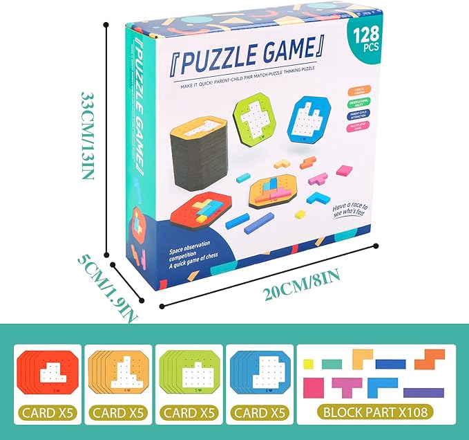 Block Jigsaw Puzzle Games, 128 Pcs Colorful 3D Creative Desktop Wooden Puzzle Game Kids Tangram Math Toys Building Blocks Board, Montessori Puzzle Toys for Kids, Tangram Toy Educational Toys