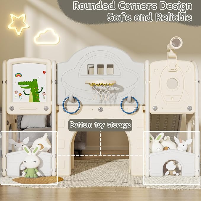 10 in 1 Toddler Slide for Toddlers Age 1-3, Extra-Long Slide with Basketball Hoop Indoor and Outdoor Baby Climber Playset Playground Freestanding Slide (Large