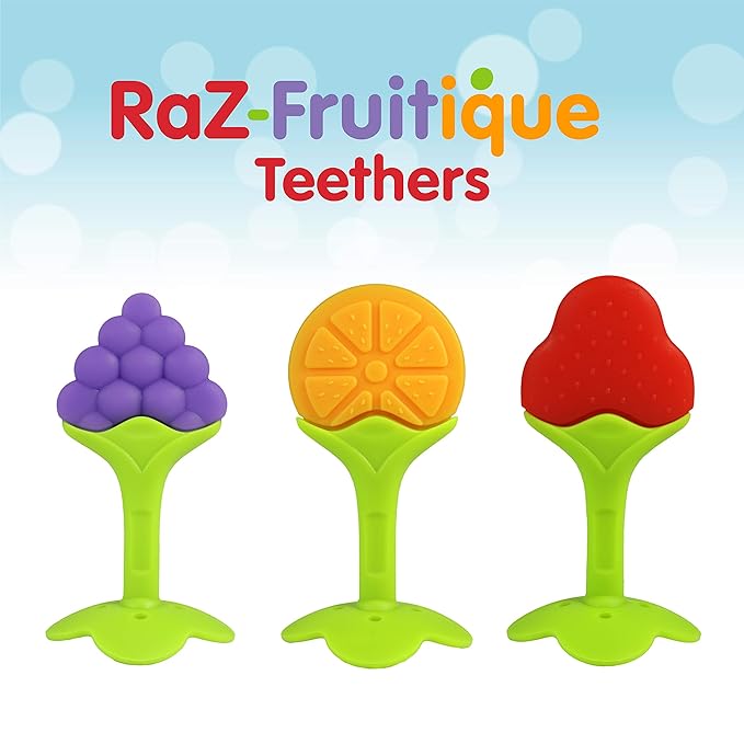 RaZbaby Infant & Baby Massager & Teether Toy 3-Pack, Fruit-Shaped Multi-Texture Teethers Soothe Sore Gums 3M+