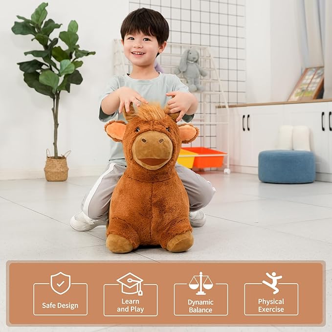 INPANY Bouncy Bull Hopping Toys - Toddler Brown Plush Highland Cow Hopper, Kids Inflatable Farm Animal Hopper Horse 2 3 4 Year