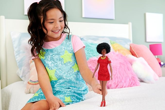 Barbie Fashionistas Doll #221 with Natural Black Hair Wearing Removable Red Dress & Accessories, 65th Anniversary Collectible Toy