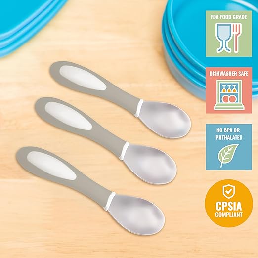 ECR4Kids My First Meal Pal Stainless Steel Spoons, Toddler Silverware, White, Light Grey, 3-Pack