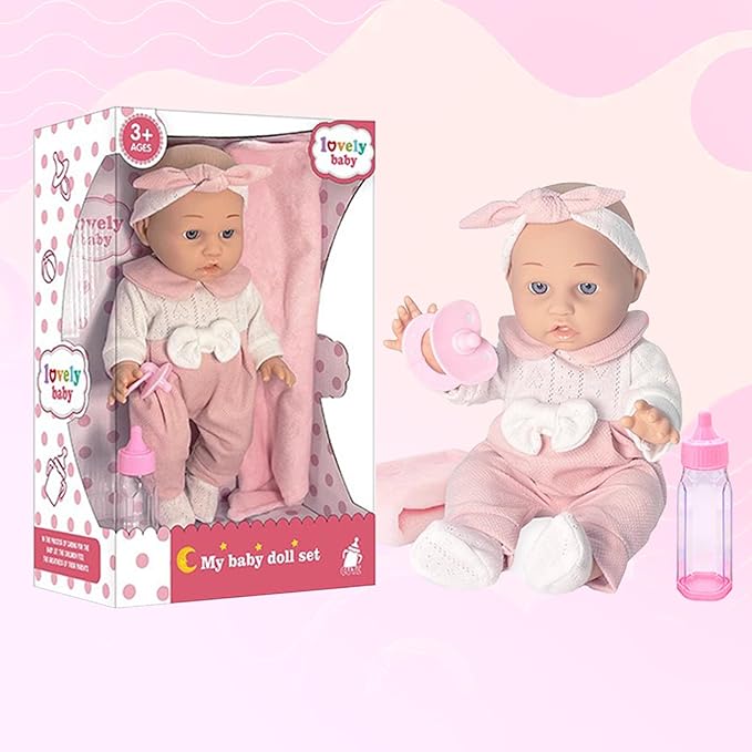 LETOUR 12'' Baby Doll in Gift Box with Pink Cloths,and Pink Bear Cloths, Pacifier 13''x13'' Microfabric 3+
