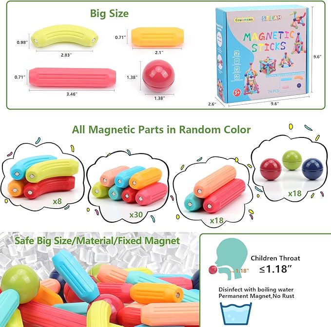 COUOMOXA 74 PCS Magnetic Blocks Sticks Construction Building, Learning Education Stem Preschool Toddler Kids Toys for 3+ Year Old