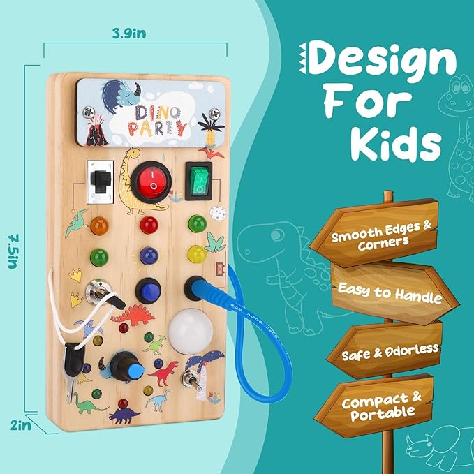 Dinosaur Light Switch Board - 8 LED Switches, Sensory Montessori 1+ Year