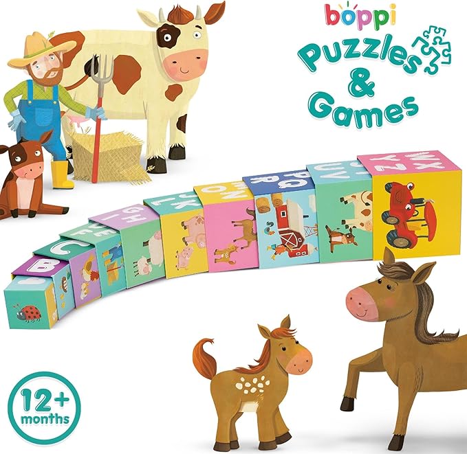 Baby Stacking Blocks Farmyard Animal Toys with Letters and Numbers, Montessori Cubes for Toddlers