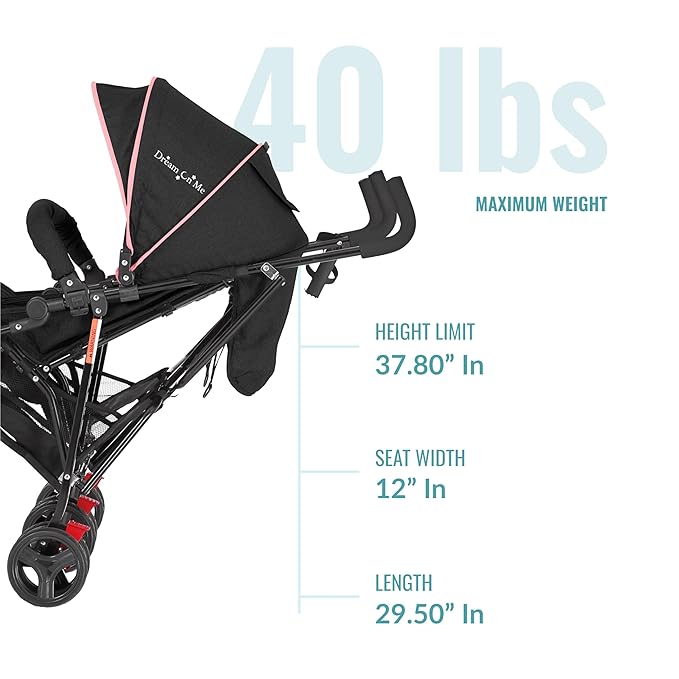 Dream On Me Volgo Twin Umbrella Stroller in Pink, Lightweight Double Stroller for Infant & Toddler, Compact Easy Fold, Large Storage Basket, Large and Adjustable Canopy