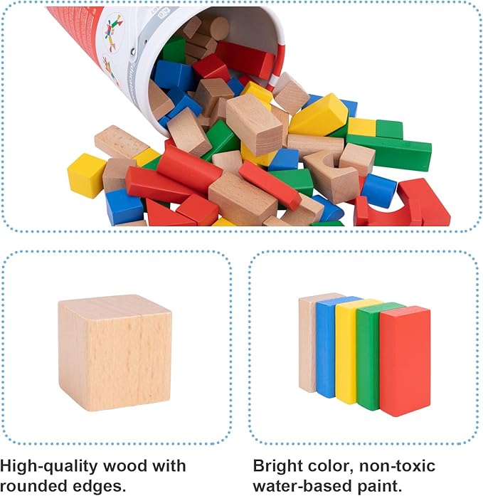 TOOKYLAND 100 Pieces Wooden Building Blocks, Shape Sorting Stacking Toy for Kids with Storage Bucket 1 2 3 Year
