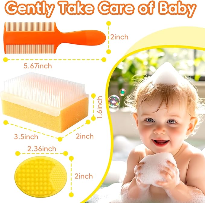 Cradle Cap Brush for Babies, Set of 5 Baby Bath Essentials with Bath Sponge Silicone Scrubber Long Handle Comb for Newborns Toddlers Boys Girls (Orange)