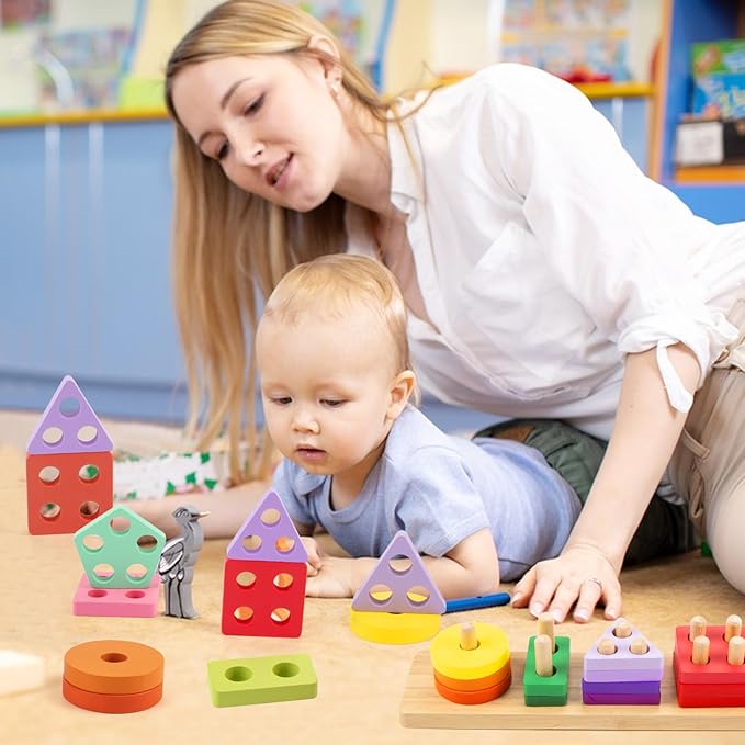 HONGTEYA Montessori Toys for 1 2 3 year old, Toddlers Wooden Sorting and Stacking Toys for Baby Boys and Girls 20 Color