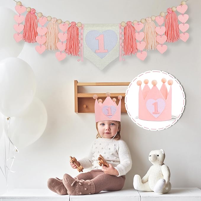 1st Birthday Decorations for Girl High Chair Banner with Crown