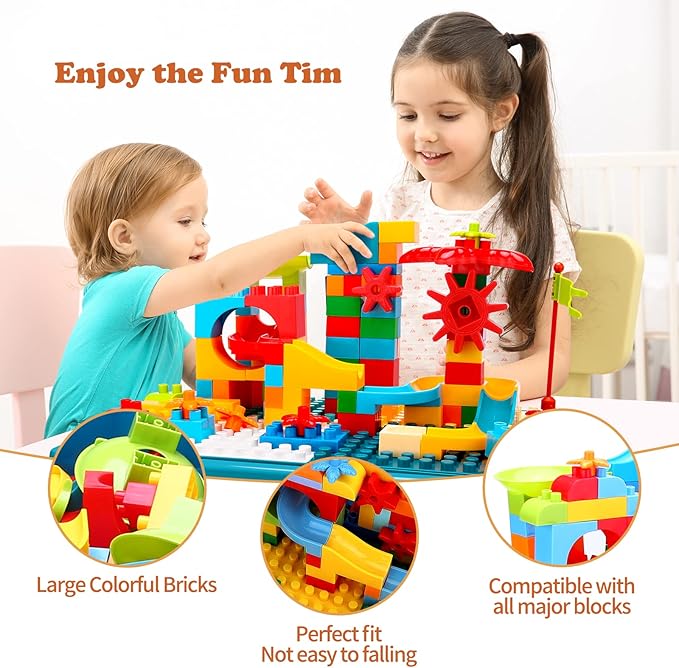 Double-Sided Kids Activity Table with Storage, 105pcs Large Marble Run Building Blocks Table 5-in-1 Multi 1 2 3 Year