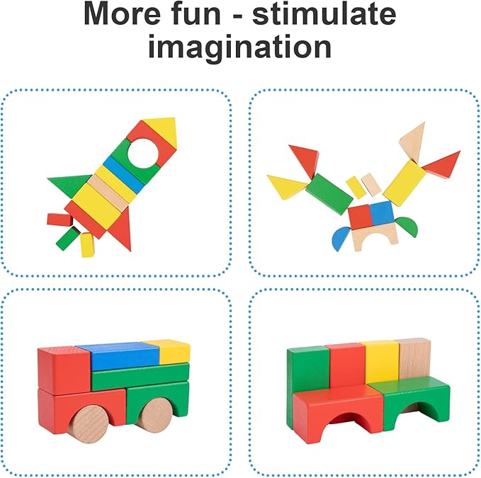 TOOKYLAND 100 Pieces Wooden Building Blocks, Shape Sorting Stacking Toy for Kids with Storage Bucket 1 2 3 Year
