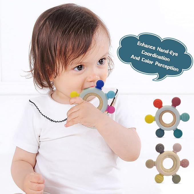 Baby Teething Toys-Silicone Boat Rudder Baby Teether Toys,Removable Wooden Ring 0-24 Months’╝?
