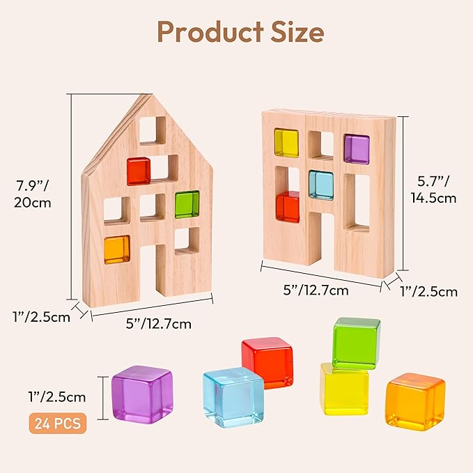 Wooden Building Blocks Set for Kids, 24 PCS Rainbow Gem Cubes Stacking Blocks - 2 Wood House 3-6