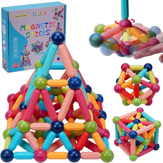 COUOMOXA 74 PCS Magnetic Blocks Sticks Construction Building, Learning Education Stem Preschool Toddler Kids Toys for 3+ Year Old