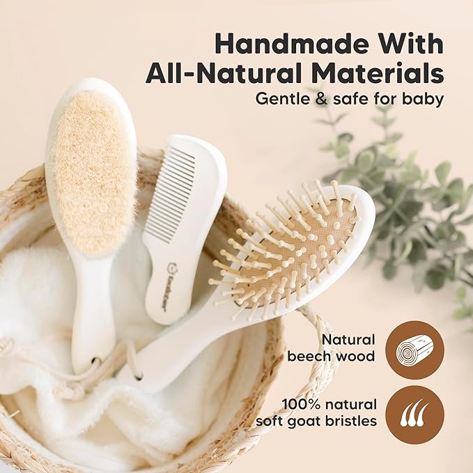 Baby Hair Brush and Comb Set for Newborn - Wooden Baby Hair Brush Set with Soft Goat Bristle, Baby Brush Set for Newborns, Baby Brush and Comb Set Girl, Boy, Toddler Cradle Cap Brush (Oval, Vanilla)