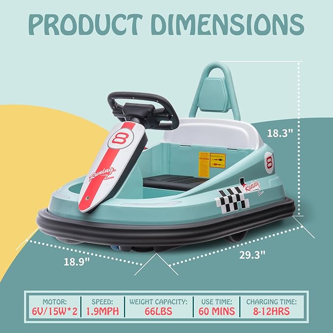 Hetoy Bumper Car for Toddlers, 6V Electric Ride On Toys for Kids 1.9 MPH 360 Degree 2-Speeds, Lights, 2-6 Years