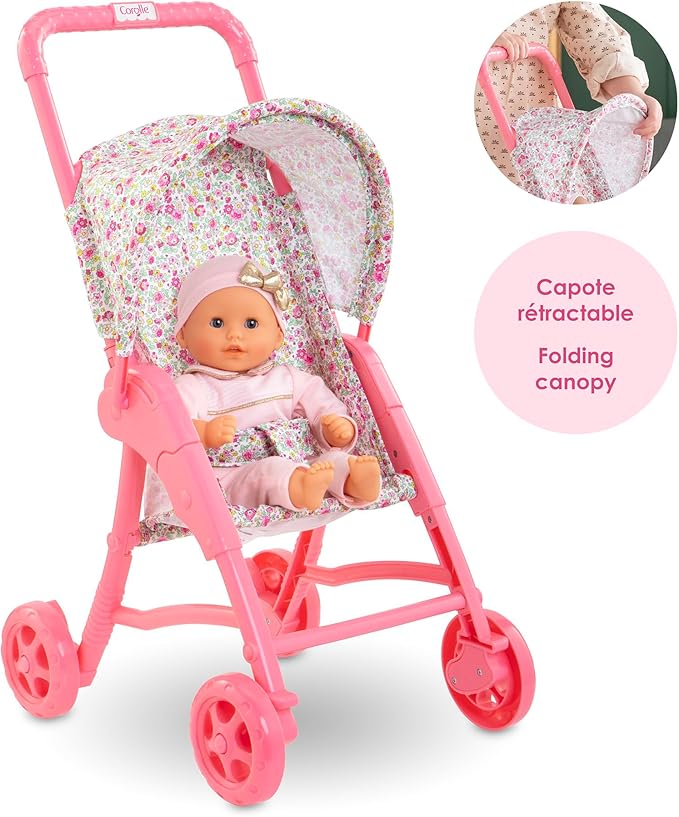 Corolle Baby Doll Stroller with Folding Canopy - Mon Premier Poupon Accessory Fits 12" Dolls, Pink/Floral Pattern 18 Months