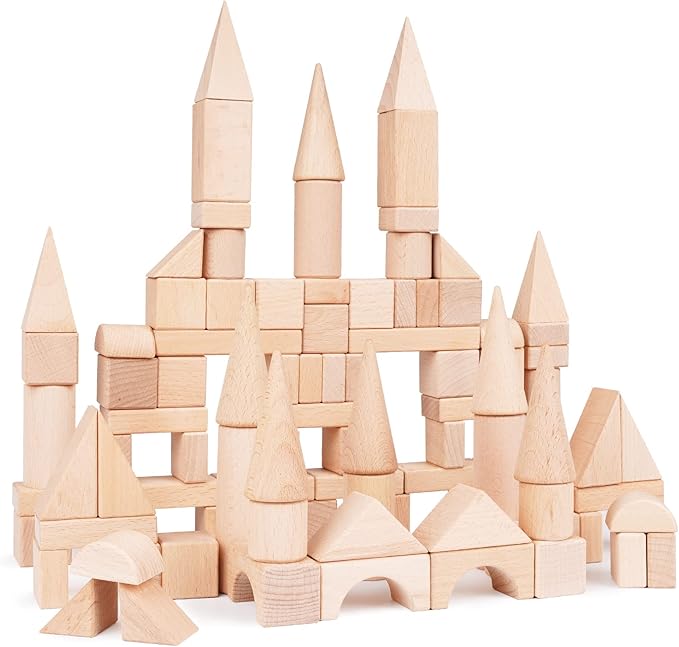 100Pcs Wooden Building Blocks Set- Wood Stacker Stacking Blocks Game Toys for Toddlers, Multiple Shapes