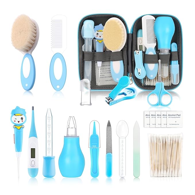 Baby Grooming Kit’╝īInfant Safety Care Setwith Hair Brush Comb Nail (20 PC-Blue