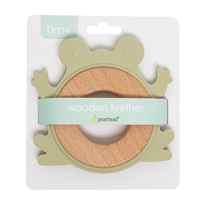 Pearhead Frog Wooden Baby Teether, Natural Wooden Teething Toy for Babies 0+ Months