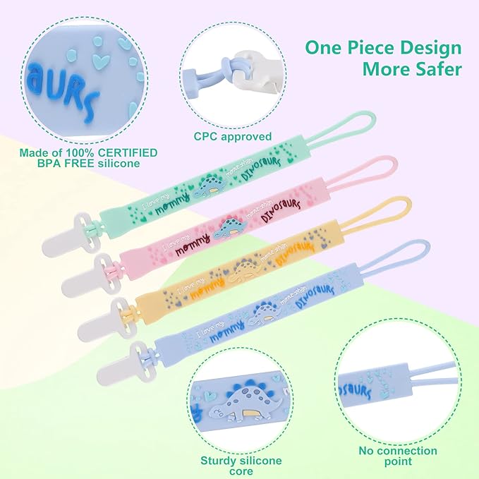 4-Pack Silicone Pacifier Clips with One-Piece Beads for Baby Boys and Girls - Flexible and Rust-Free Holders for Teething Relief and Baby Essentials, Safe for Newborns (Flat