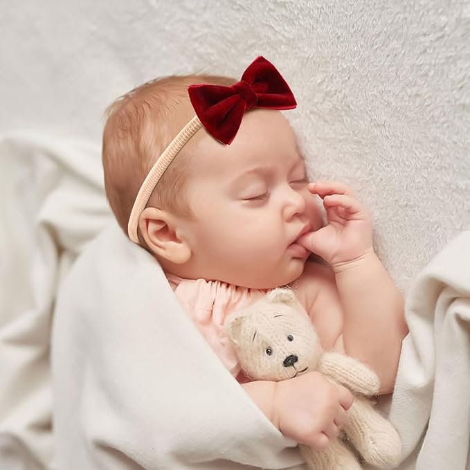 4" Velvet Baby Bows, 3pcs Elastic Nylon Headbands Handmade Newborn
