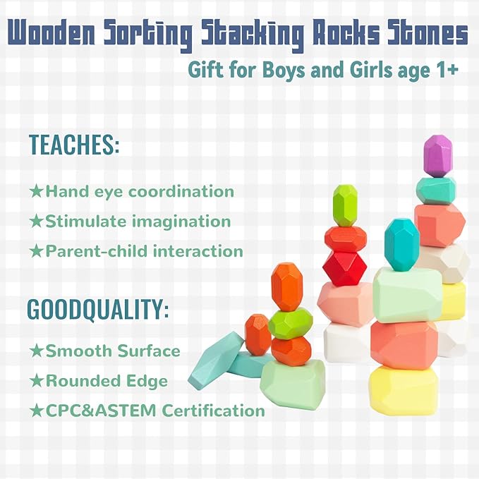 48 PCS Wooden Sorting Stacking Rocks Stones,Sensory Toddler Toys Learning Montessori STEM Toys 3-6 Years